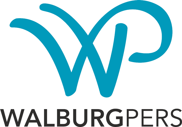 Logo of Walburg Pers with stylized initials WP in blue.