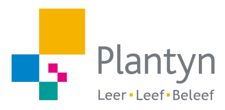 Logo van Plantyn met kleurrijke blokken en de slogan 'Leer - Leef - Beleef'.