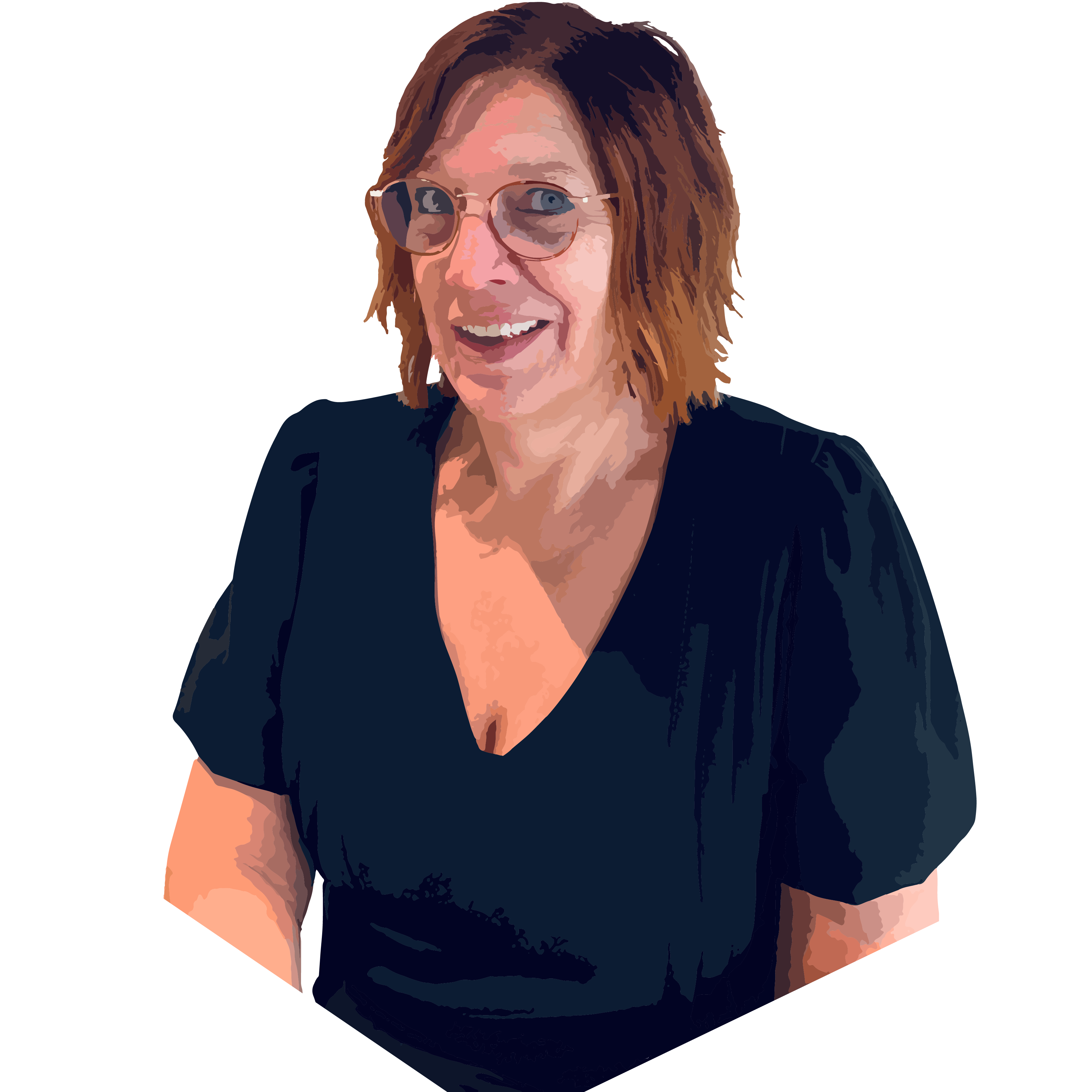 Woman with medium-length hair and glasses, smiling, wearing a black blouse.