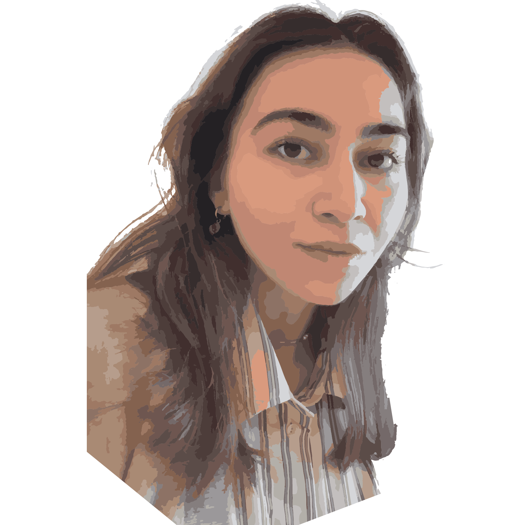 Stylized portrait of a woman with long hair, looking at the camera.