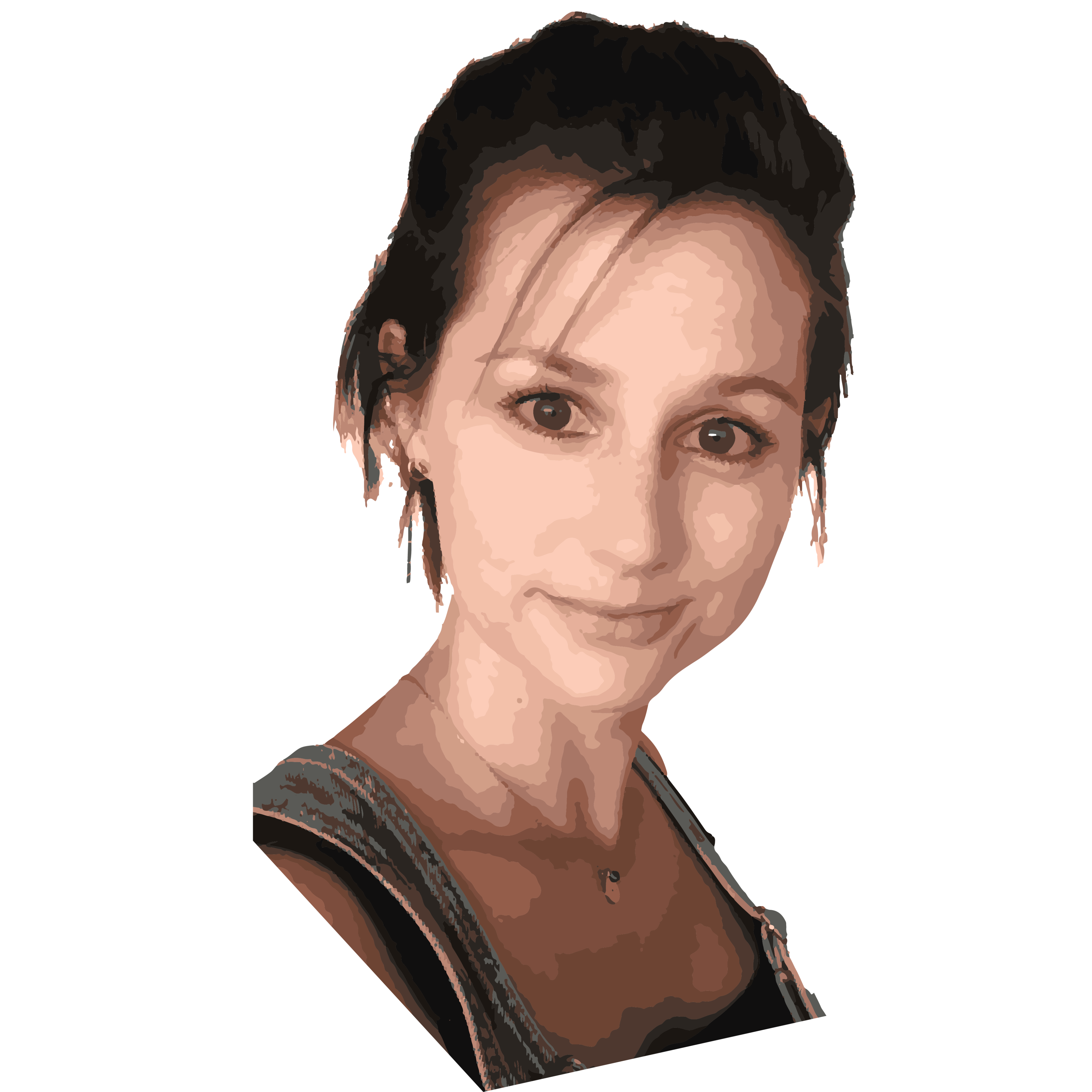 Portrait of a woman with dark eyes and hair, smiling at the camera.