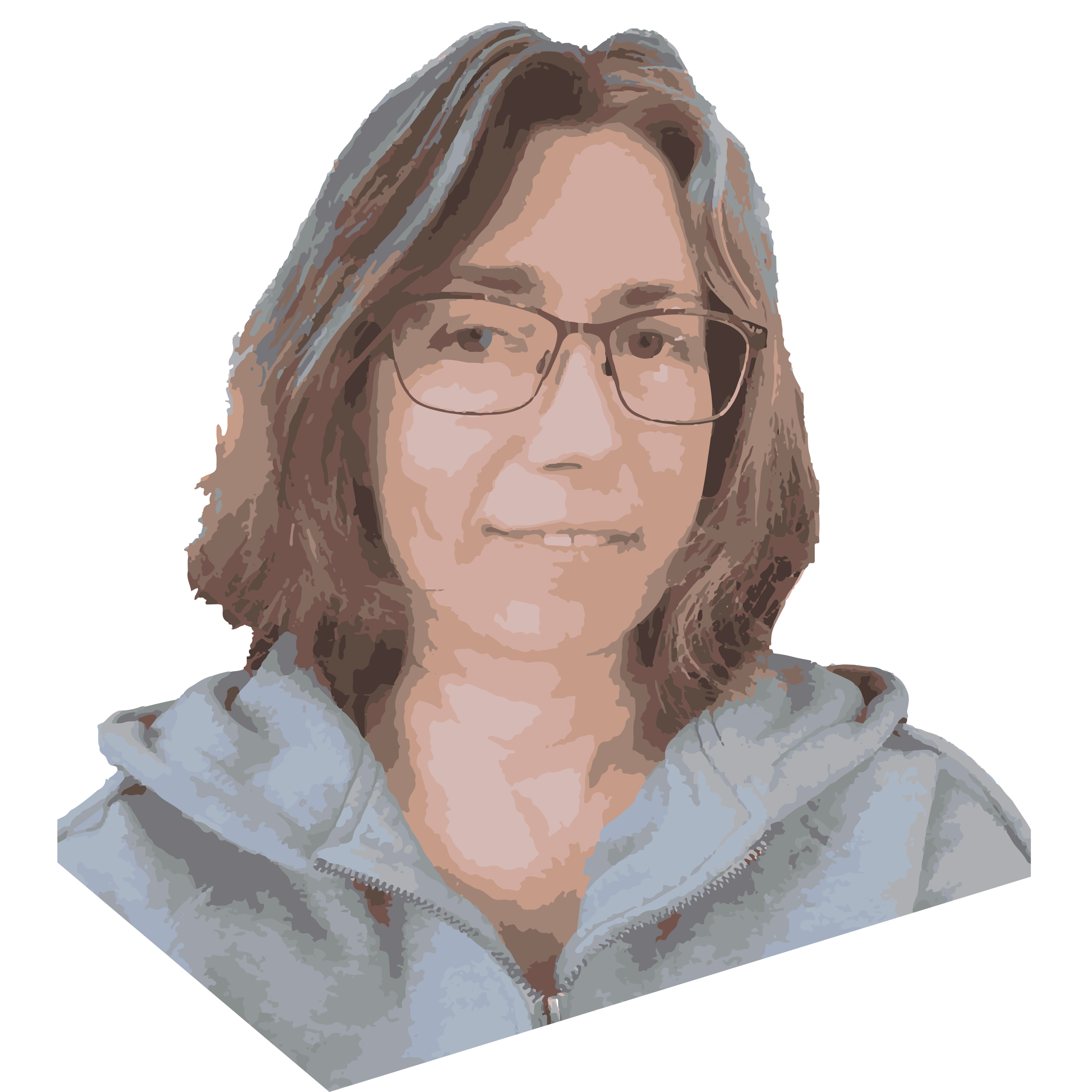 Illustration of a woman with glasses and a grey hoodie, facing the camera.