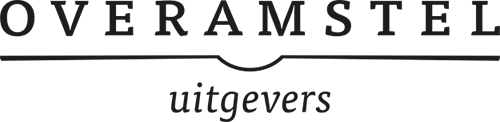 Logo van Overamstel Uitgevers in zwart-wit met de woorden 'Overamstel' en 'uitgevers'.